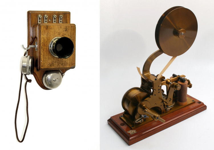 Links: Ein Meilenstein in der Geschichte der Telekommunikation ist das Haustelefon, das um 1900 verwendet wurde. Rechts: Mit diesem Morsegerät wurde 1912 über Codes kommuniziert. Geschichte der Telekommunikation