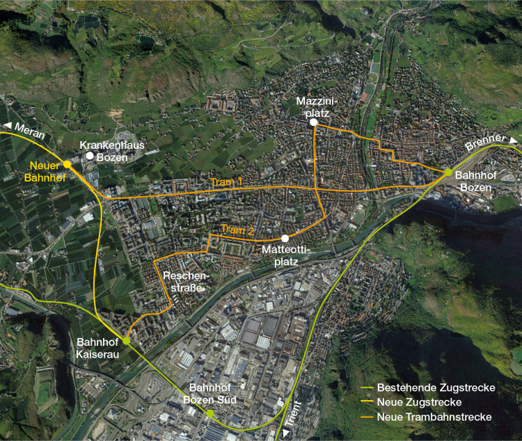 Neue Eisenbahn- und Tramlinien in Bozen: Landeshauptmann und Bürgermeister prüfen Machbarkeit. Infografik