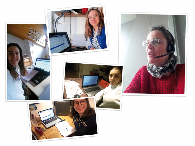 Volle Präsenz bei allen Vorlesungen: So wie Martina aus Bari, Verena aus Leifers, Anna aus Frankfurt, Greta aus Brixen sind Hunderte von Studierenden der Uni Bozen seit 5. März online untereinander und mit den Dozenten verbunden (ganz rechts: Stephanie Risse). Prüfungen und Lehre werden trotz der Coronakrise gewährleistet. Online-Vorlesung