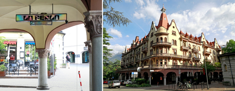 Das Plankensteinhaus in Meran, am Beginn von Obermais. An der Ecke befindet sich der Eingang zum La Perla. „Die Messe wird hier gefeiert“, steht auf dem Eingangsschild.