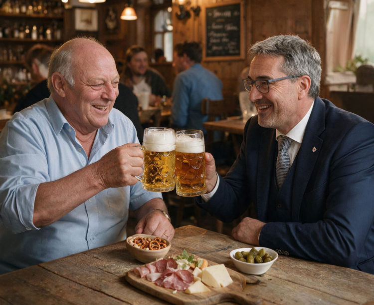 Ein Bild zum Staunen: Ex-Landeshauptmann Luis Durnwalder sitzt mit seinem Nachfolger Arno Kompatscher bei einem Bier beisammen. Der Haken an der Sache: Dieses Treffen hat so nie stattgefunden – das Bild ist KI-generiert.