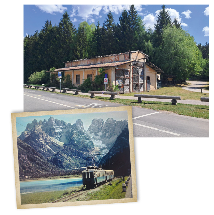 Die alte Lokremise in Toblach und ein historisches Bild der Dolomitenbahn: 1962 hat sie den Betrieb eingestellt. Heute wünschen sich viele eine Bahn durch die Dolomiten zurück.