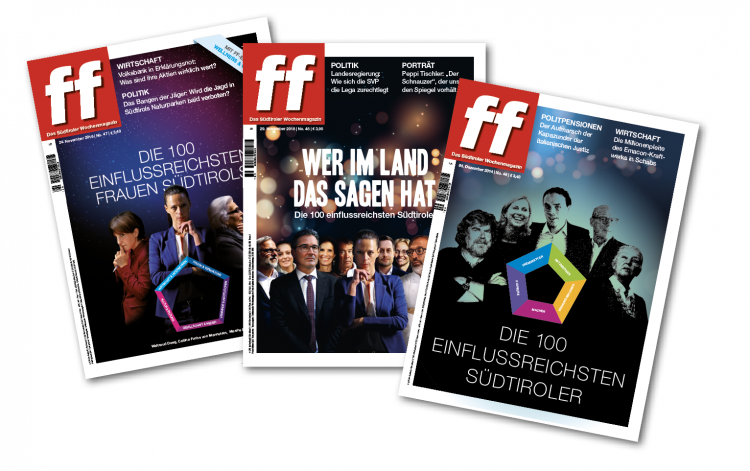 In den vergangenen Jahren haben wir regelmäßig über die einflussreichsten Menschen in Südtirol geschrieben (im Bild die jeweiligen Titelseiten).
Nach diesem außergewöhnlichen Jahr 2020 haben wir uns gefragt: Wer sind die Menschen, die uns durch diese schwierige Krise führen? Die ff-Liste ab Seite 20 ist ohne Rangordnung. Stimmen Sie auf unserer Website ab, wer Ihre Top-Favoriten sind: www.ff-bz.com
Die Sieger geben wir Anfang des neuen Jahres bekannt. ff-Titelseiten