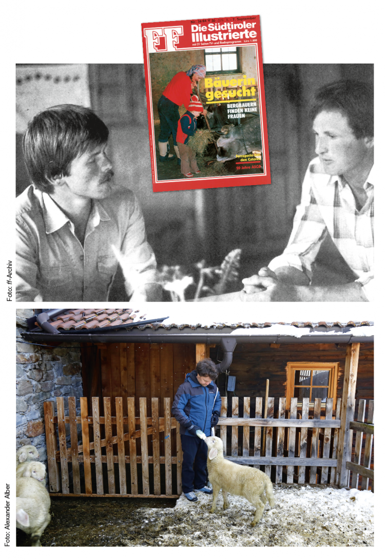 1984 bekam Josef Götsch (rechts im oberen Bild) vom Gurschlhof im Schnalstal das erste Mal Besuch von ff. Damals schrieb Hans Karl Peterlini über Bauern, die keine Frauen finden.
Im Dezember 2023 war wieder ein ff-Redakteur auf dem Hof (ohne zu wissen, dass ein Kollege hier bereits recherchiert hatte). Andrej Werth (Bild unten) traf sich mit Götschs Tochter Eva, die vor Kurzem den Hof übernommen hat. Dabei durfte er auch ein Lamm mit der Flasche füttern. Götsch und Werth
