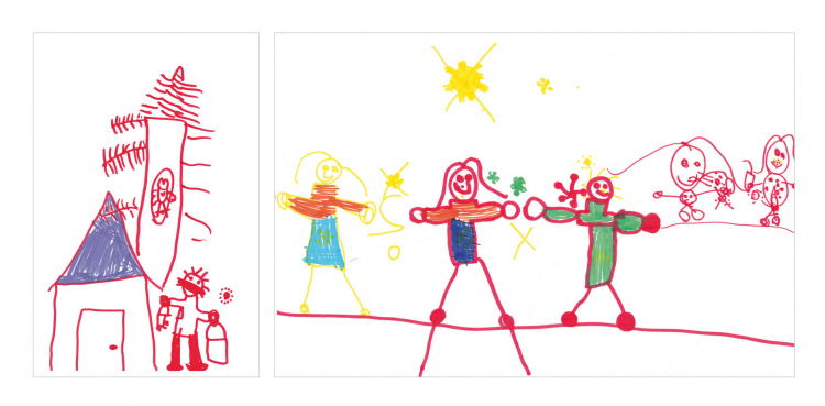 Bitte Abstand halten – und Mundschutz tragen: Lena, sechs Jahre alt, aus Bozen hat exklusiv für ff diese beiden wunderbaren Corona-Bilder gemalt. Zeichnungen
