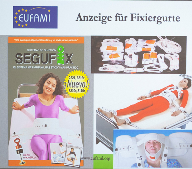 Skurrile Werbung rund um Zwangsfixierung: Im ersten Moment weiß man nicht, ob es sich um einen schlechten Aprilscherz handelt.