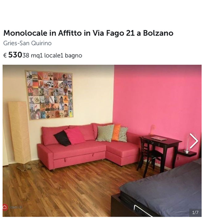 Angebotene Wohnung mit rosa Couch in der Bozner Fagenstraße: Die „echte“ Wohnung
mit der rosa Couch findet sich allerdings in Berlin-Friedrichshain.