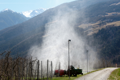 Obstbauer spritzt seine Apfelanlage