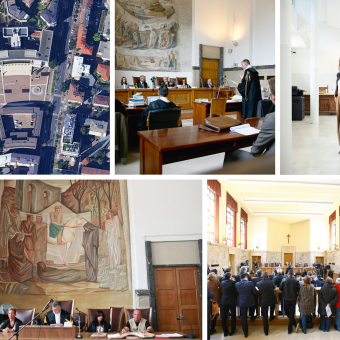 Draufsicht auf den Gerichtsplatz (Bild oben links): Der Mittelteil ist in sich zusammengestürzt.
Dort untergebracht war unter anderem das Büro von Gerichtspräsidentin Bortolotti – oben rechts zu sehen am Eingang ihres ehemaligen Arbeitsplatzes.
Die anderen drei Bilder zeigen die meist schlichten Verhandlungssäle mit den Fresken an den Wänden. Zumindest ein Teil davon kann nach dem Einsturz gesichert werden.